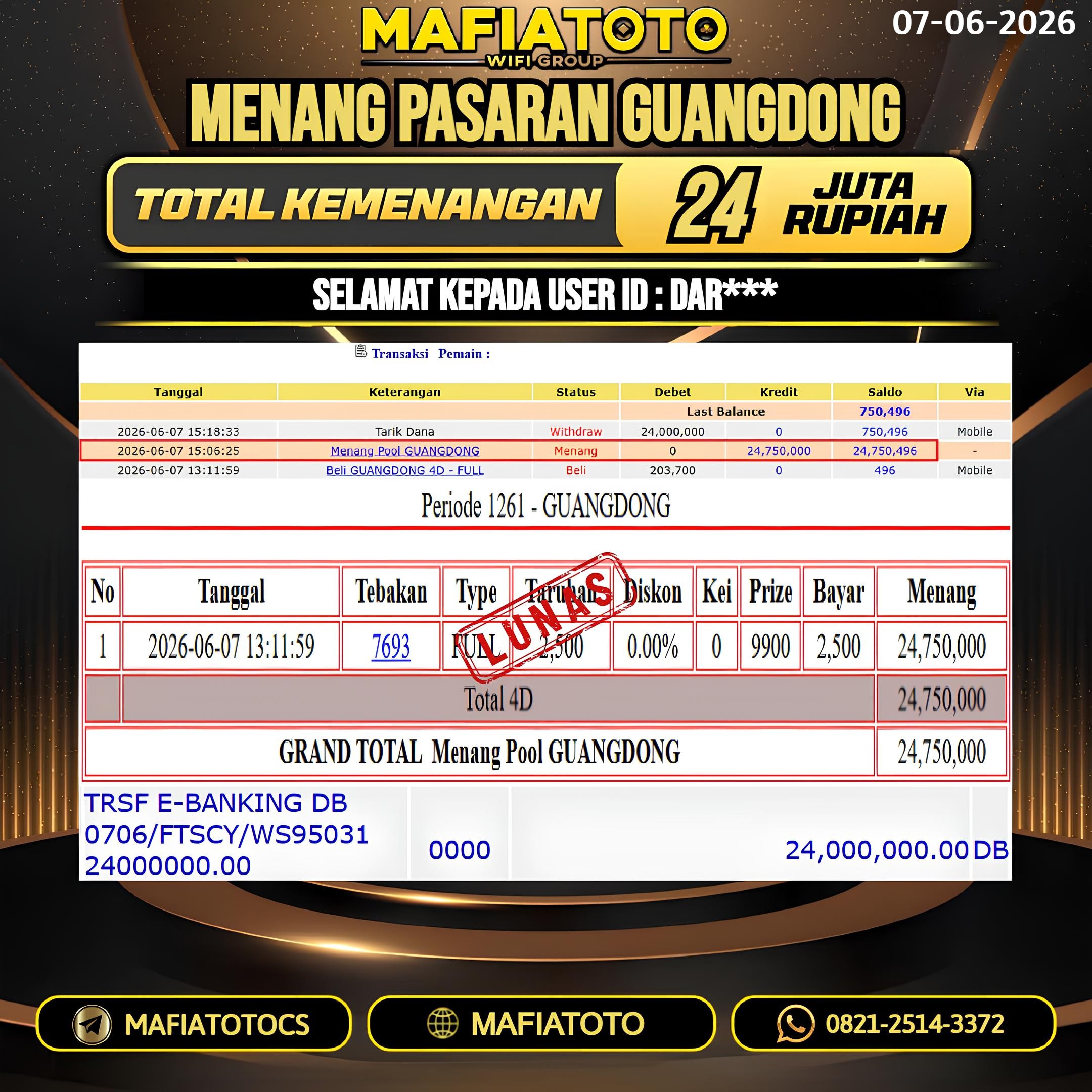MAFIATOTO JACKPOT TOGEL PASARAN GUANGDONG RP.24.000.000. - LUNAS ID : DAR***
