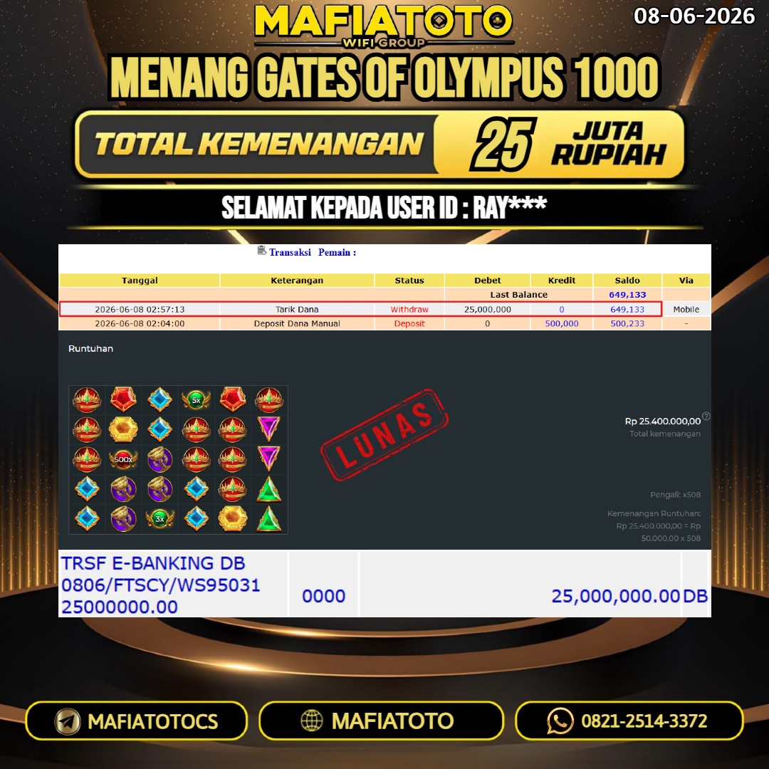 MAFIATOTO JACKPOT GATES OF OLYMPUS 1000 RP.25.000.000. - LUNAS ID : RAY***