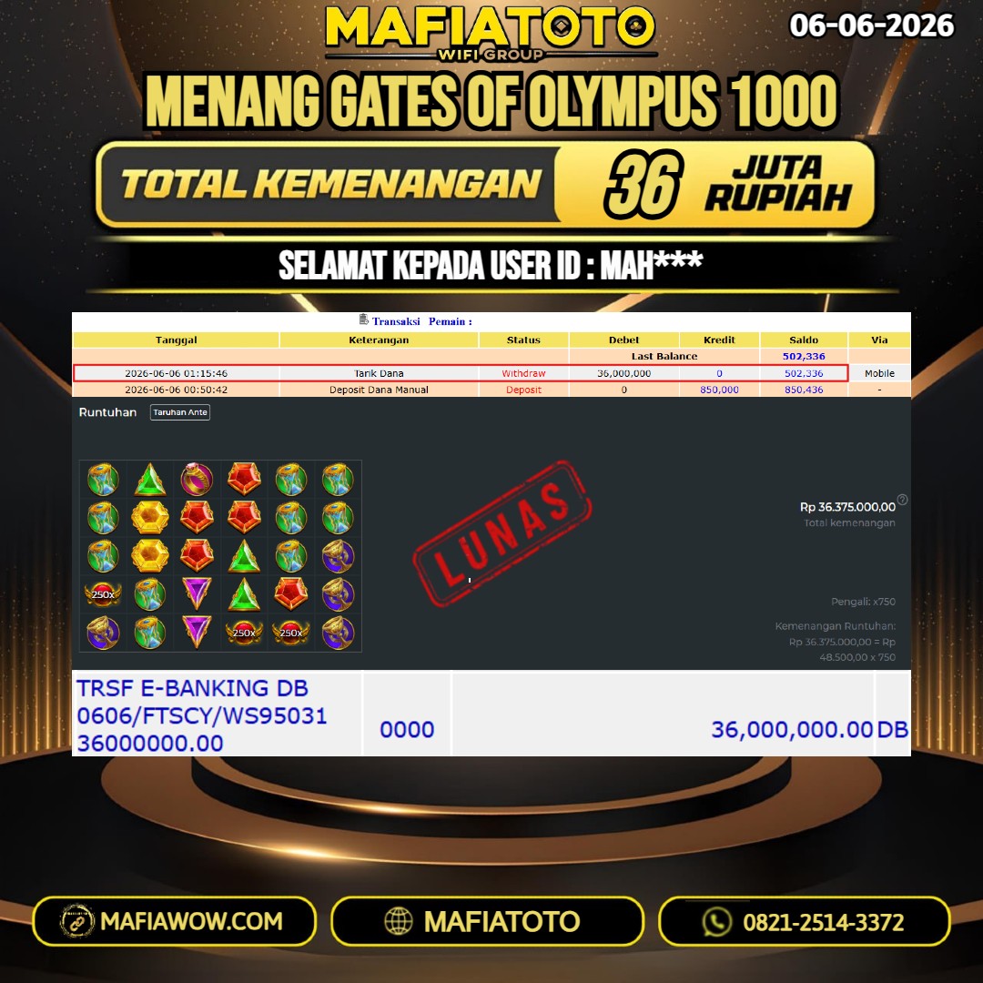 MAFIATOTO JACKPOT SLOT GATES OF OLYMPUS 1000 RP. 36.000.000. - LUNAS ID : MAH***